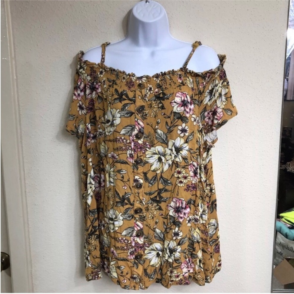TORRID Women’s Cold Shoulder Top Size  XL  1 (14-16 ) Yellow Floral Rayon summer
